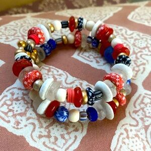 Handmade bracelet set, red,white, blue, African glass beads 2 bracelets …